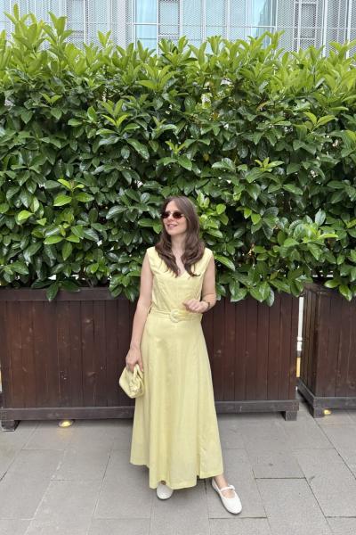 Kemerli Detaylı Astarlı Elbise Sarı