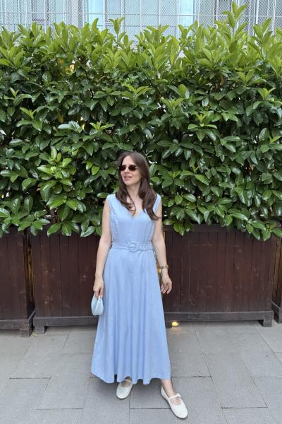 Kemerli Detaylı Astarlı Elbise Mavi