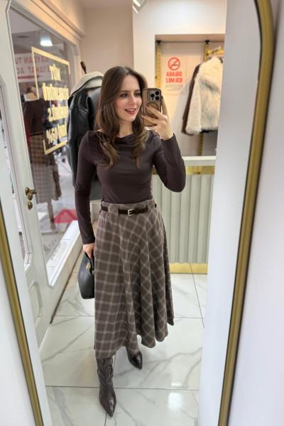 Kemerli Ekoseli Etek Kahverengi