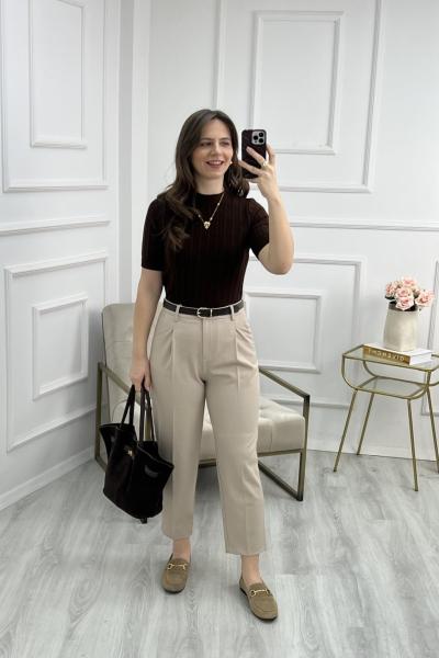 Kemerli Havuç Fit Pantolon Krem