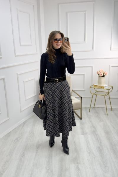 Kemerli Yırtmaç Detaylı Ekose Etek Siyah