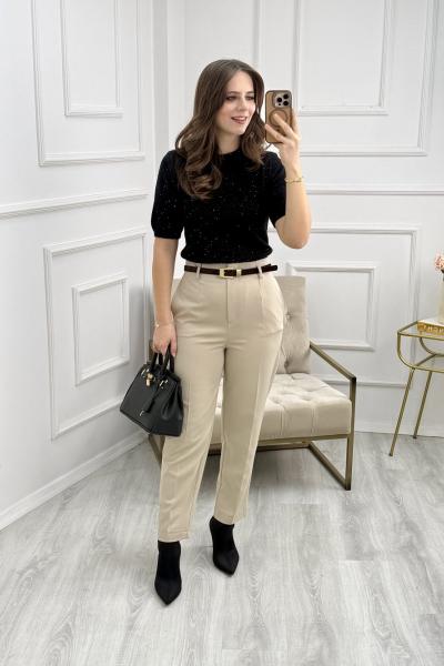 Kemerli Yüksel Bel Pantolon Krem