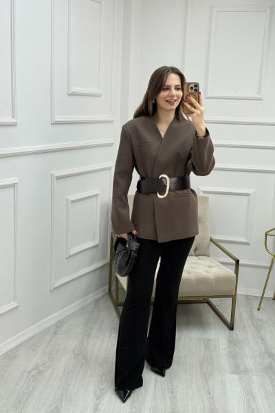 Kemerli Yakasız Blazer Kahverengi