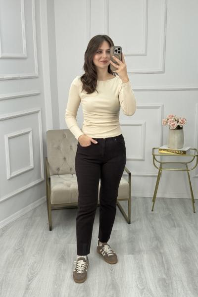Kesik Paça Boyfit Jean Acı Kahve