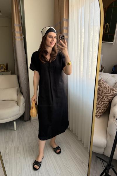 Keten V Yaka Kısa Kollu Elbise Siyah