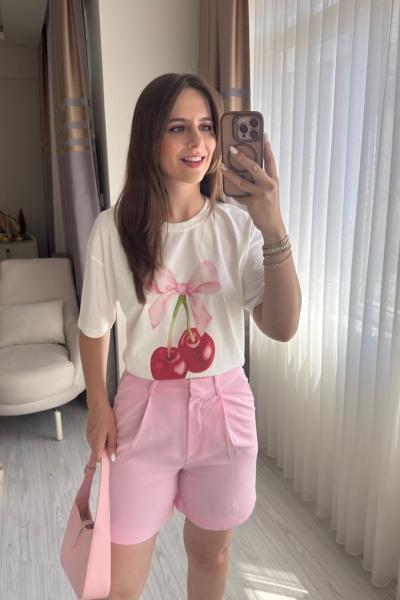 Kiraz Baskılı Tshirt Beyaz