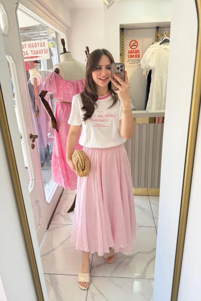 Kırışık Astarlı Asimetrik Etek Pembe