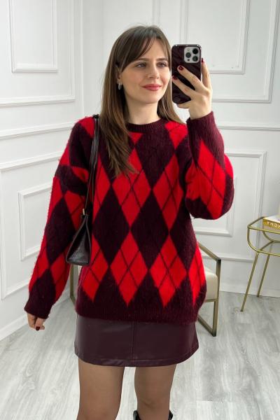 Kırmızı Baklava Desen Kazak Bordo