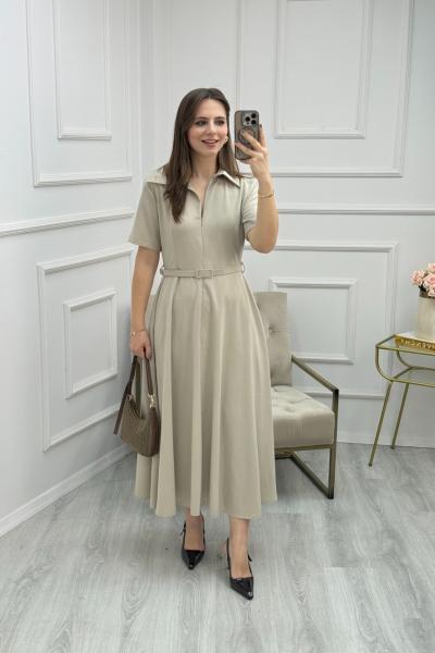 Kısa Kol Fermuar Detaylı Kemerli Elbise Taş Rengi