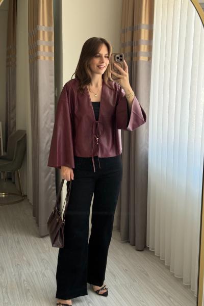 Kolları Volanlı Önden Bağlamalı Deri Ceket Bordo
