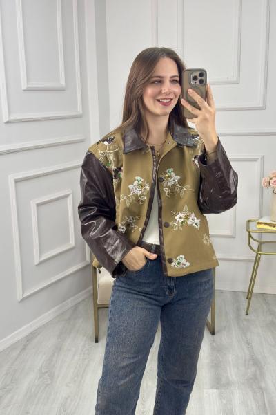 Kolları Ve Yakası Deri Üzeri Pullu Ceket Kahverengi