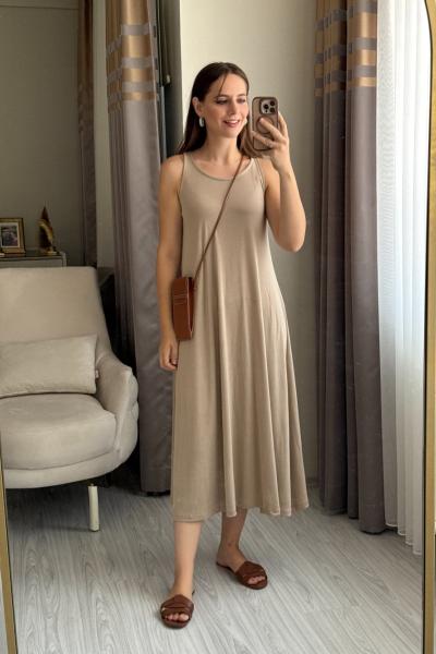 Kolsuz Modal Kumaş Elbise Krem