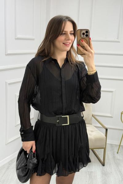 Kraşlı Kemerli Şifon Elbise Siyah