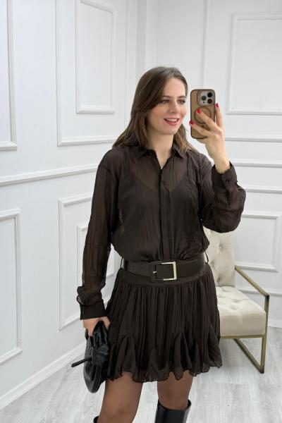 Kraşlı Kemerli Şifon Elbise Kahverengi