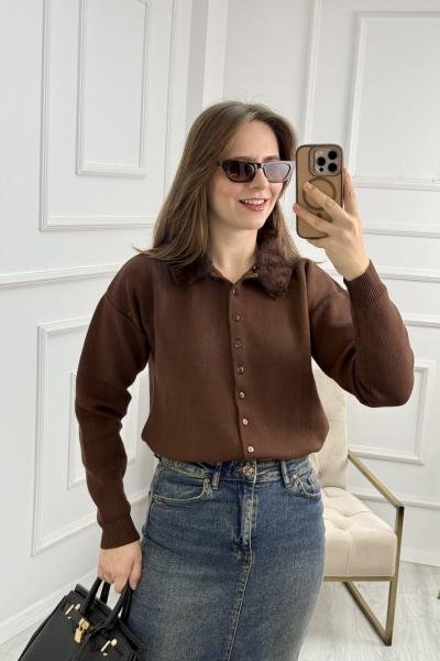 Kürk Yakalı Hırka Kahverengi