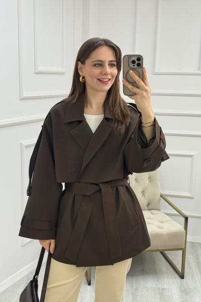 Kuşaklı Kısa Trenç Kahverengi