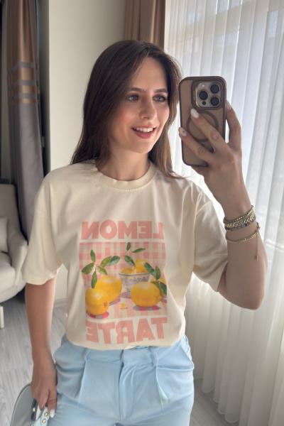 Lemon Baskılı Tshirt Ekru