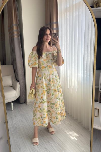 Madonna Yaka Çiçek Desenli Elbise Sarı