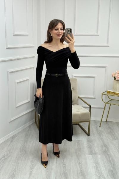 Madonna Yaka Drapeli Kemerli Elbise Siyah