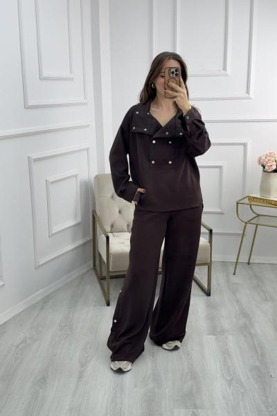 Modal Kumaş Çıtçıtlı Takım Kahverengi