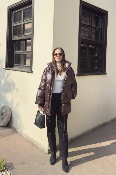 Önü Fermuarlı Ve Çıt Çıtlı Şişme Mont Mürdüm