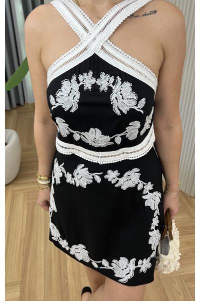 Orj Model Keten Nakış Detaylı Tulum Siyah Beyaz