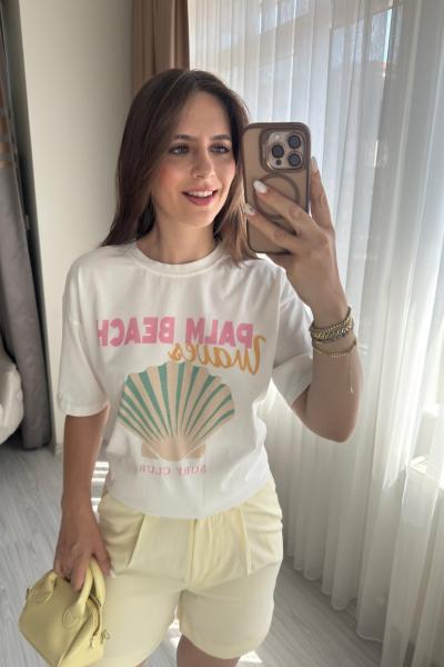 Palm Beach Baskılı Tshirt Beyaz