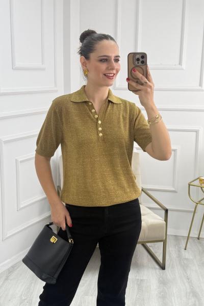 Parıltılı Polo Yaka Düğmeli Triko Gold