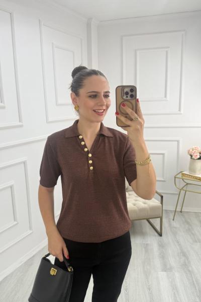 Parıltılı Polo Yaka Düğmeli Triko Kahverengi