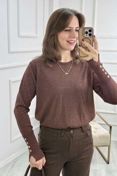 Parıltılı Yuvarlak Yaka Triko Kahverengi