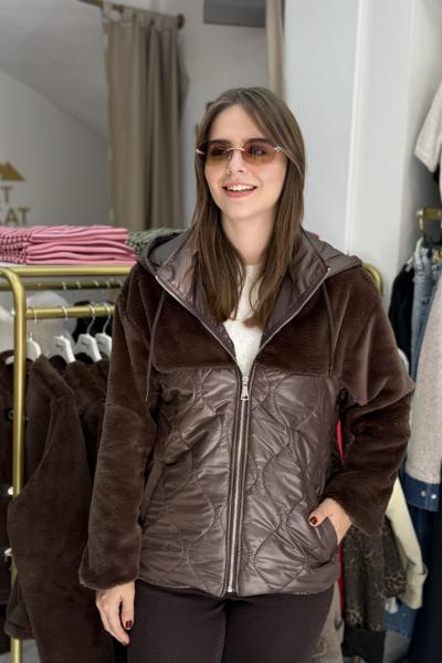 Peluş Detaylı Kapitone Mont Kahverengi