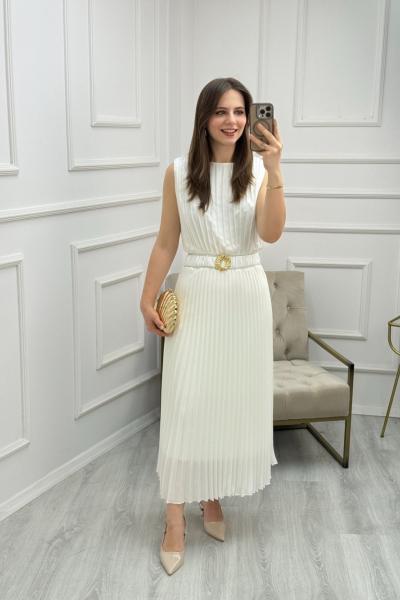 Pileli Kemer Detaylı Şifon Elbise Ekru