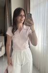 Polo Yaka Fermuar Detaylı Tshirt Pembe