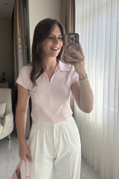 Polo Yaka Fermuar Detaylı Tshirt Pembe
