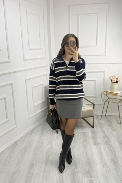 Polo Yaka Çizgili Kazak Lacivert