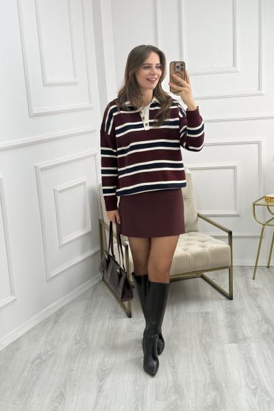 Polo Yaka Çizgili Kazak Bordo