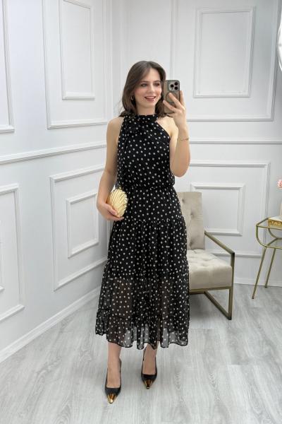 Puantiyeli Şifon Elbise Siyah