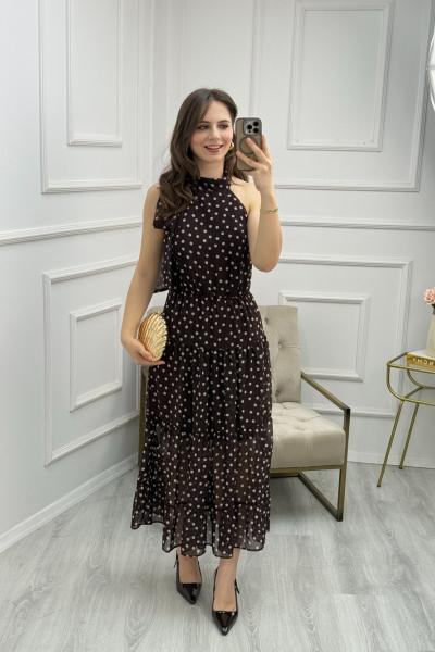 Puantiyeli Şifon Elbise Kahverengi