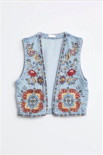 Renkli Nakışlı Denim Yelek Mavi