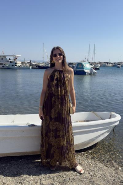 Şal Desen Boyundan Bağlamalı Elbise Kahverengi