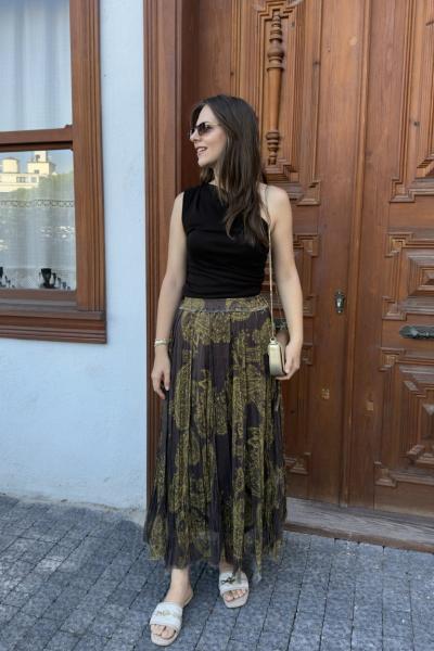 Şal Desenli Etek Acı Kahve