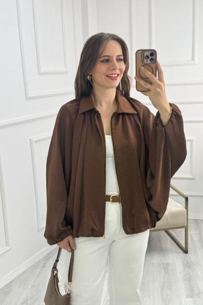 Saten Bomber Ceket Kahverengi
