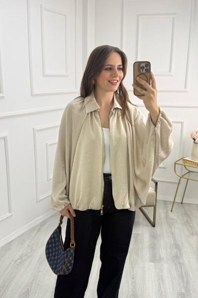 Saten Bomber Ceket Krem