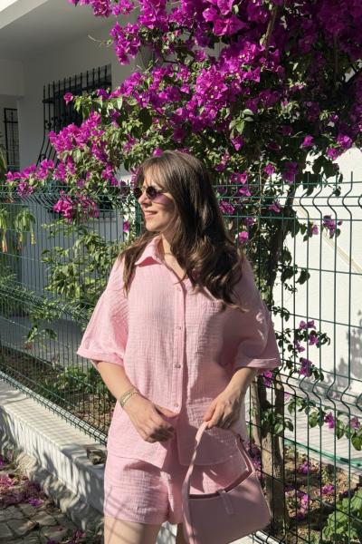 Şortlu Müslin Takım Pembe