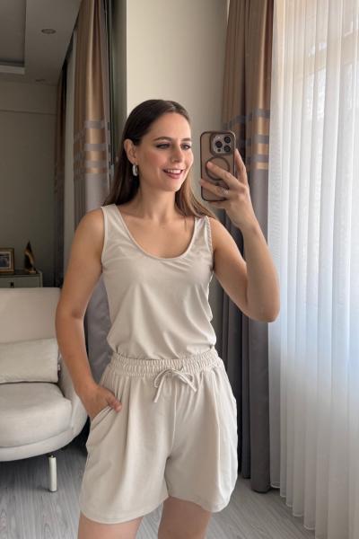 Şortlu Modal Takım Krem