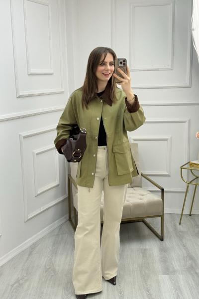 Süet Yaka ve Kol Detaylı Ekose Astarlı Ceket Yeşil