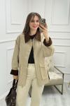 Süet Yaka ve Kol Detaylı Ekose Astarlı Ceket Krem