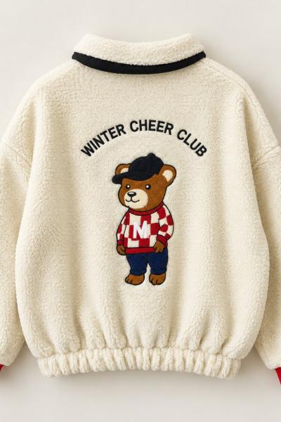 Teddy Baskılı Peluş Sweatshirt Ekru