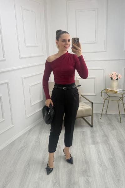 Uzun Kollu Asimetrik Bluz Bordo