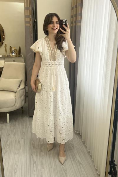 V Yaka Fisto Elbise Beyaz